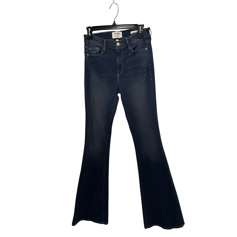 FRAME Denim Forever Karlie Flare Jeans Dark Wash High Rise Size 28 Long Inseam